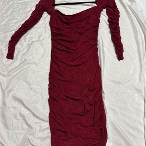 Red Ruched Sheer Mesh Bodycon Dress with Bodysuit Lining – NWOT